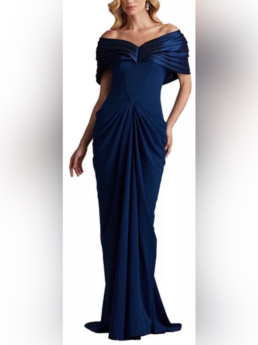 NEW Tadashi Shoji Seraphine Pleated Portrait Collar navy blue Gown Sz 14